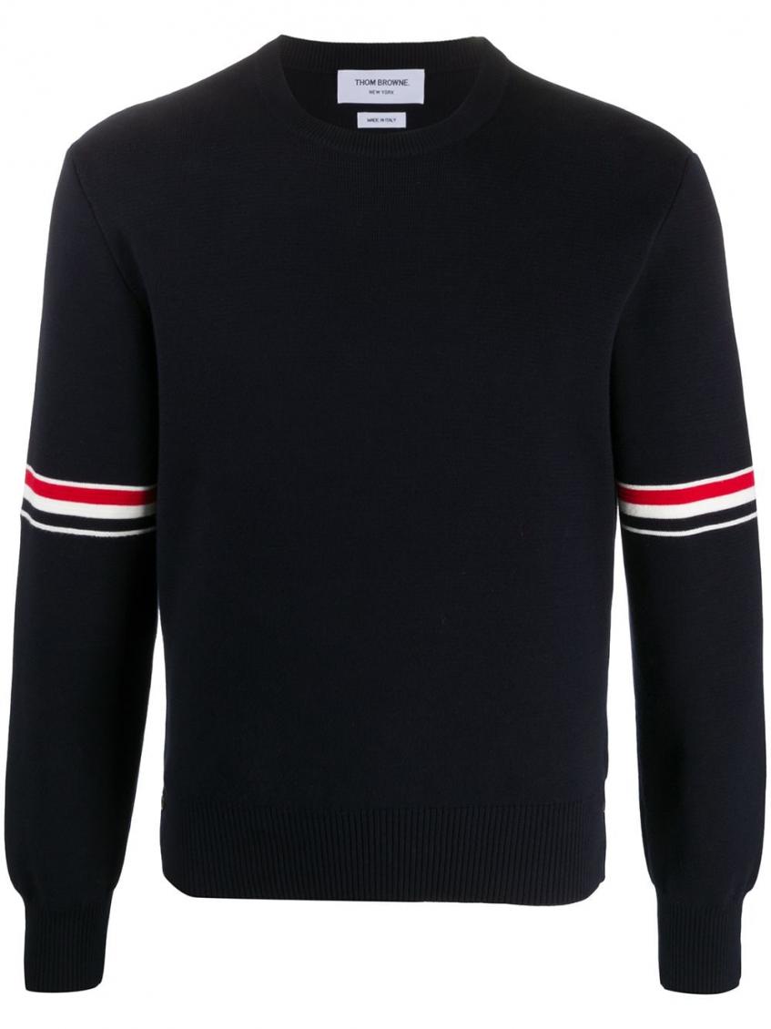 Thom Browne Rwb Intarsia Armband Tweed Pullover In Blue