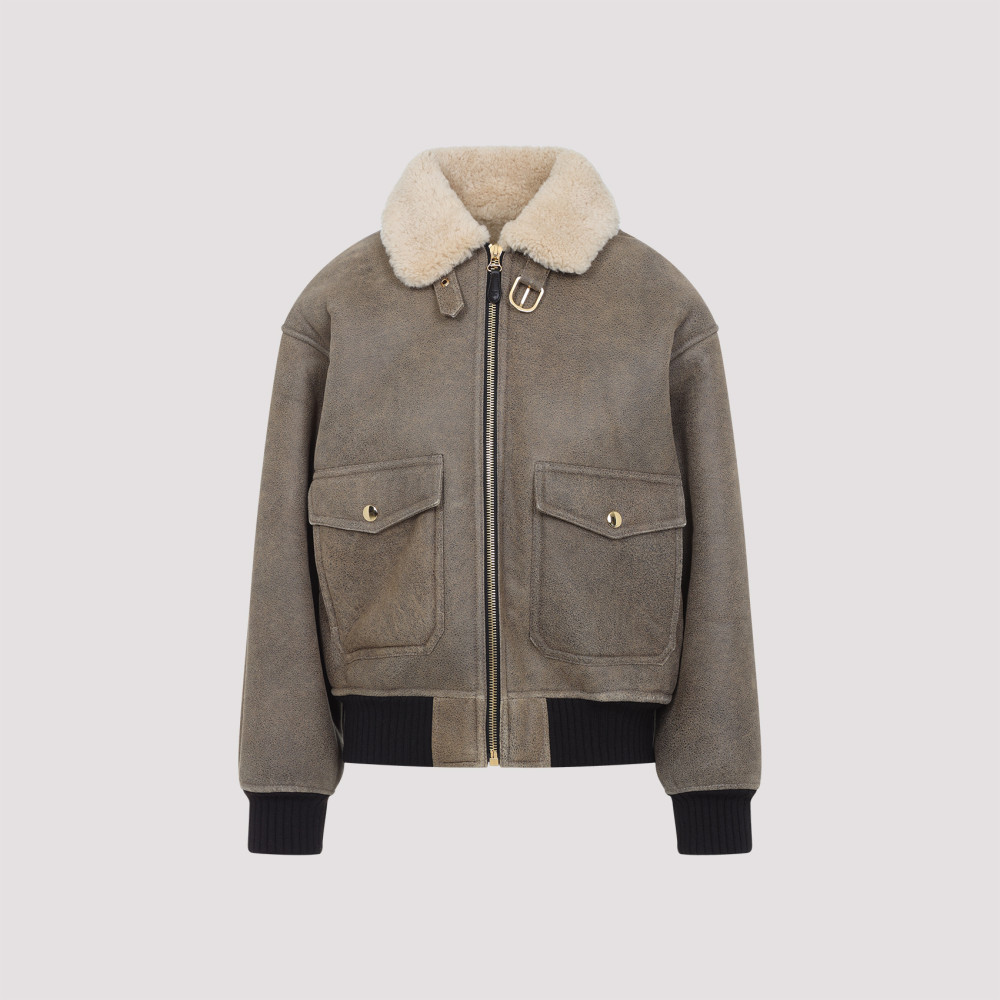 Celine Shearling Collar Leather Jacket With Adjustable Strap In Green