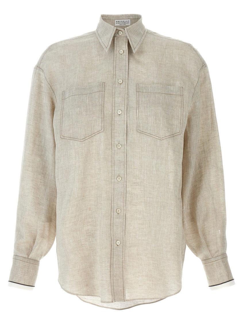 Brunello Cucinelli Beige Shirt With Chest Pockets And Monile Decorations In Linen Woman In Neutral