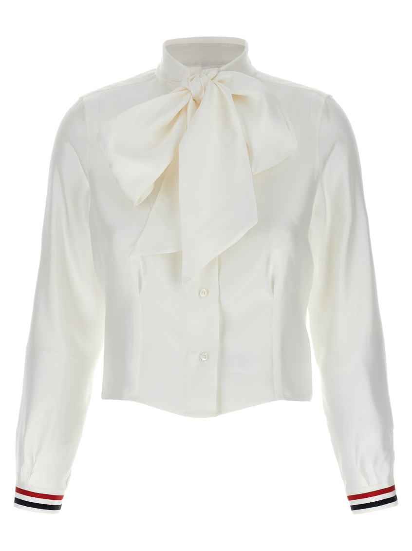 Thom Browne Silk Shirt With Bow Detail And Striped Cuffs In White