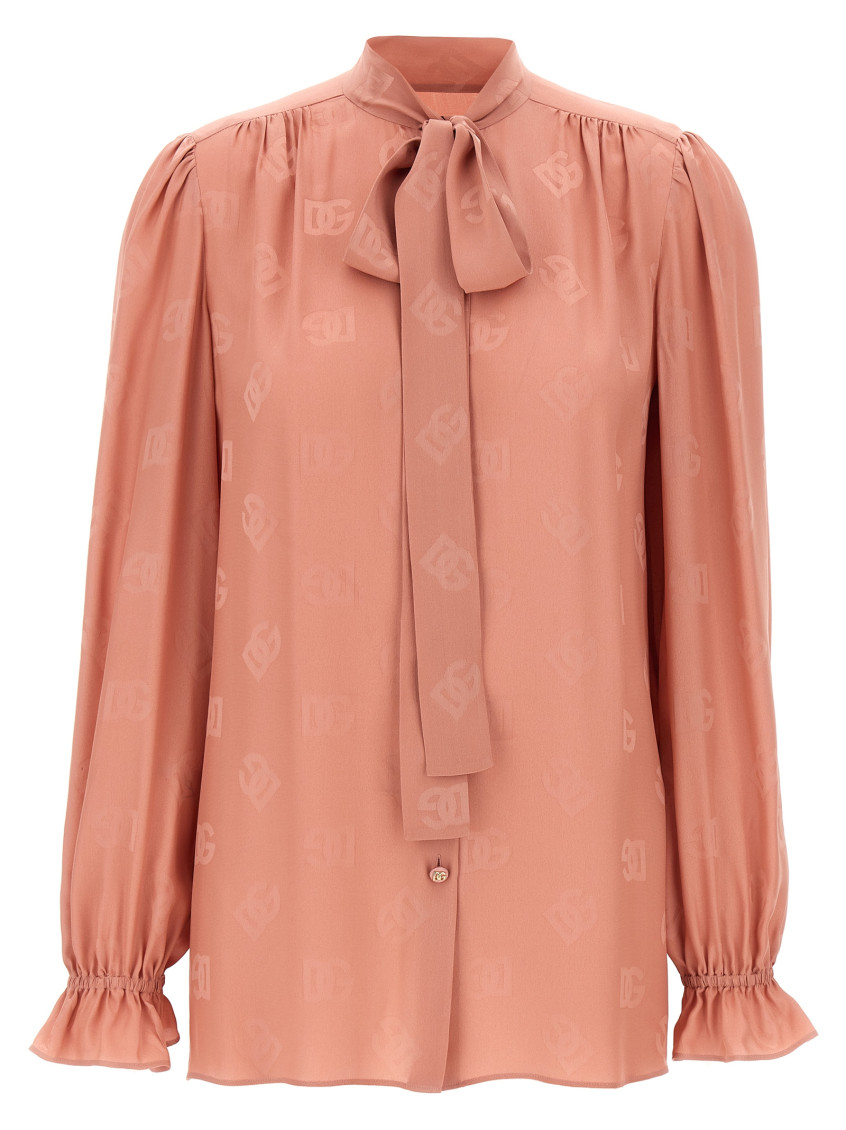 Dolce & Gabbana Silk Shirt With Puff Shoulders And Bow Detail In Peach