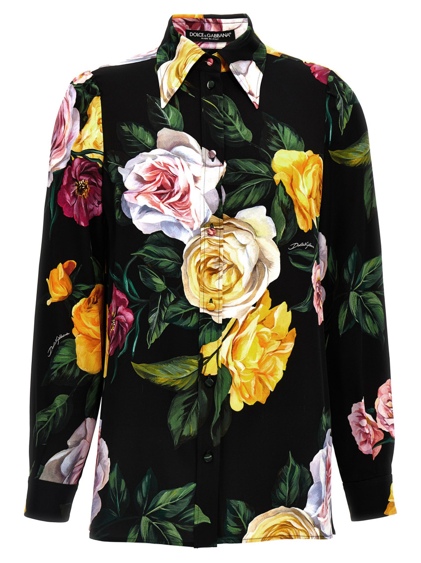 Dolce & Gabbana Multicolor Shirt With Oversize Pointed Collar And All-over Floral Motif In Silk Stretch Woman In Multicolor