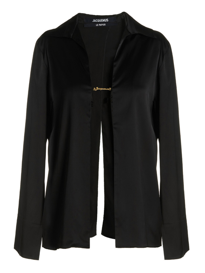 Jacquemus La Chemise Notte Black Satin Shirt With Logo Charm And Open Back Woman  In Black