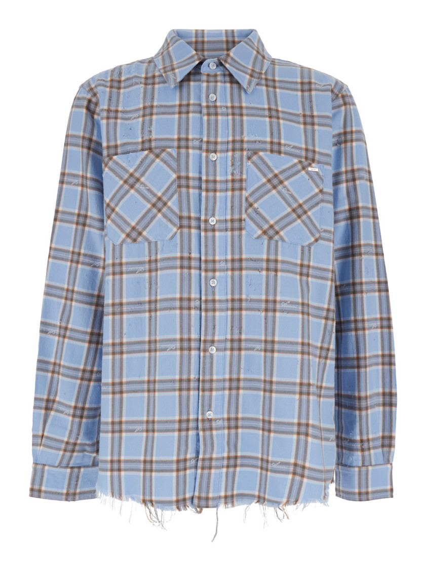 Amiri Mens Sea Blue Shotgun Distressed Regular-fit Cotton Flannel Shirt In Light Blue