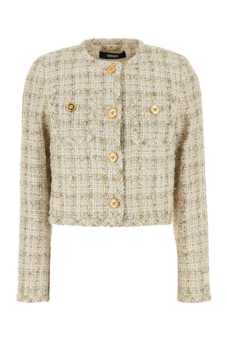 Versace Beige Cropped Jacket With Medusa Head Motif Button In Multicolor