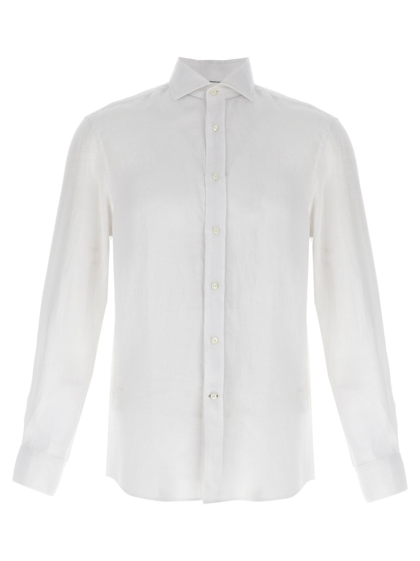 Brunello Cucinelli Linen Shirt With Back Yoke And Curved Hem In White