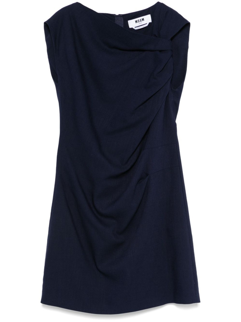 Msgm Short Blue Draped Dress In Navy Blue
