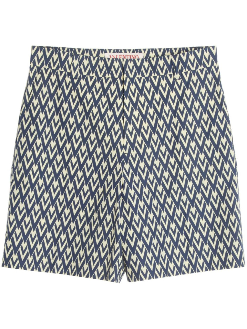 Valentino Bermuda Shorts In Cotton Poplin With All Over Toute La V Print In Navy Blue