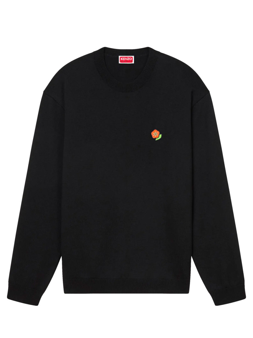 Kenzo Black Sweatshirt In Light Fllece With Broke Flower Embroidery To The Chest  Man In Black