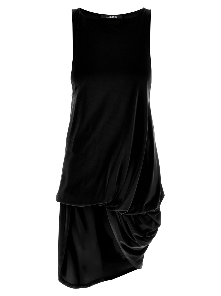Jacquemus Draped Sleeveless Peplum Dress With Asymmetrical Hem In Black