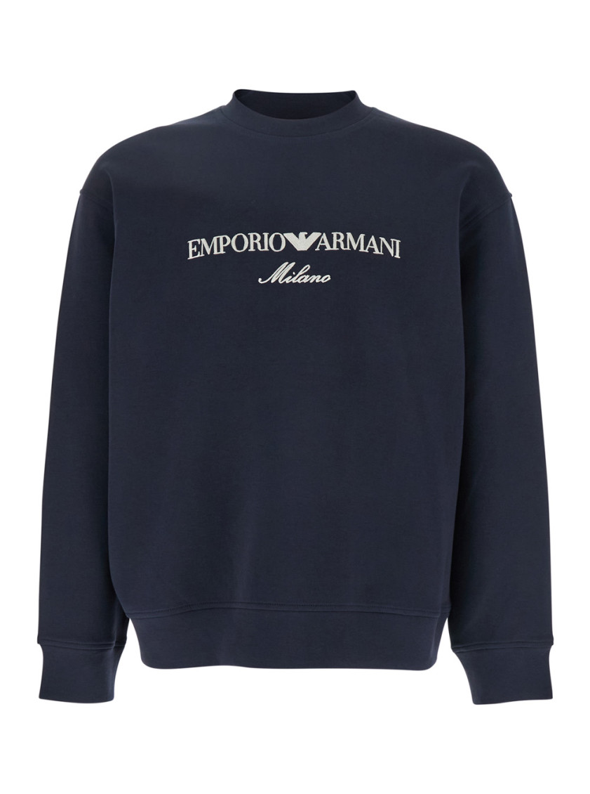 Emporio Armani Blue Crewneck Sweatshirt With Maxi Logo Lettering On The Front In Cotton Blend Stretch Man In Blue