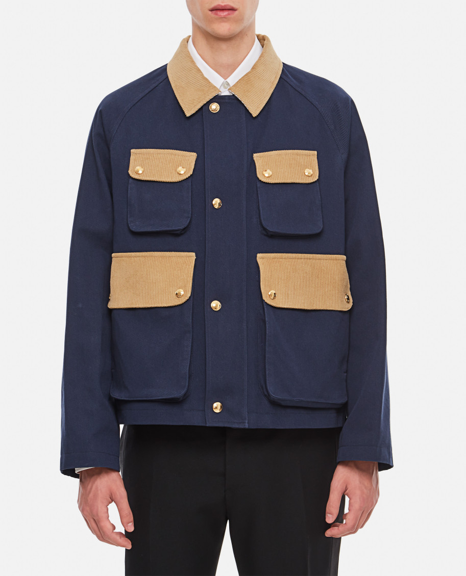 Thom Browne Thom Brown Contrasted Corduroy Cropped Coat In Dark Blue
