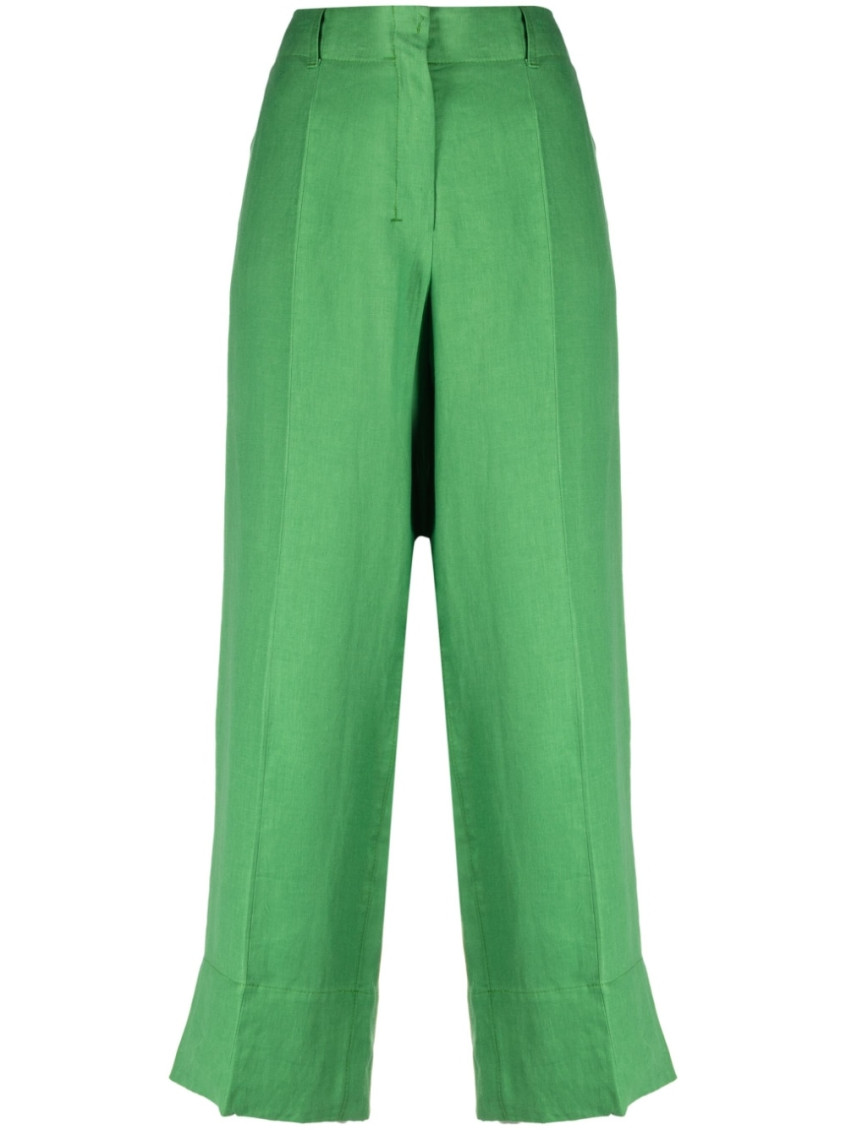 Max Mara Washed Linen Cropped Trousers In Green