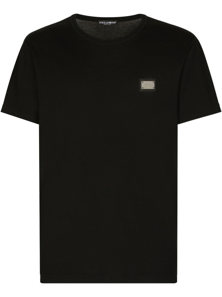 Dolce & Gabbana Cotton T-shirt With Metal Plaque Featuring Front Logo In Black
