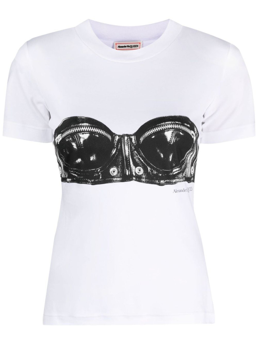 Alexander Mcqueen Bustier-print Crewneck T-shirt In White