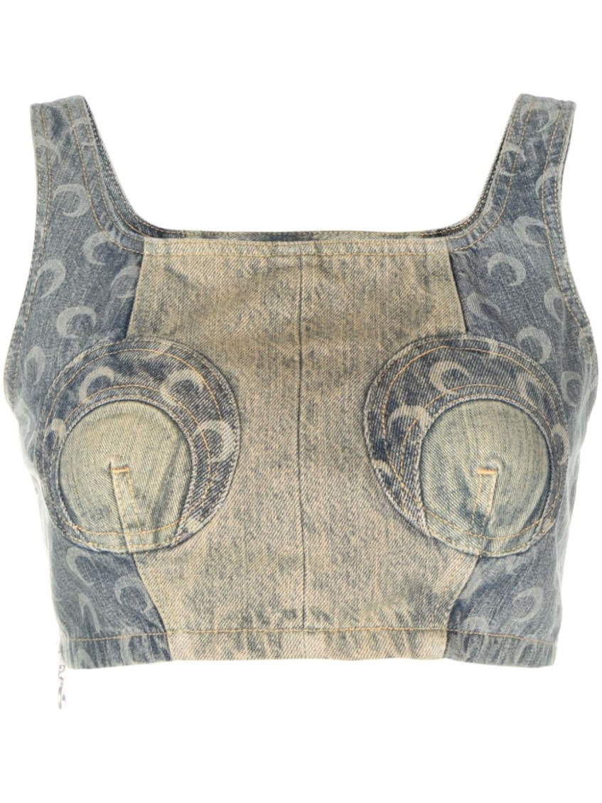 Shop Marine Serre Denim Cropped Bustier Top