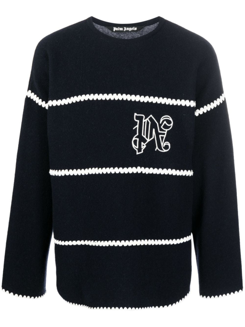 Palm Angels Navy And White Knit Sweater With Paint Monogram Stripes In Blue