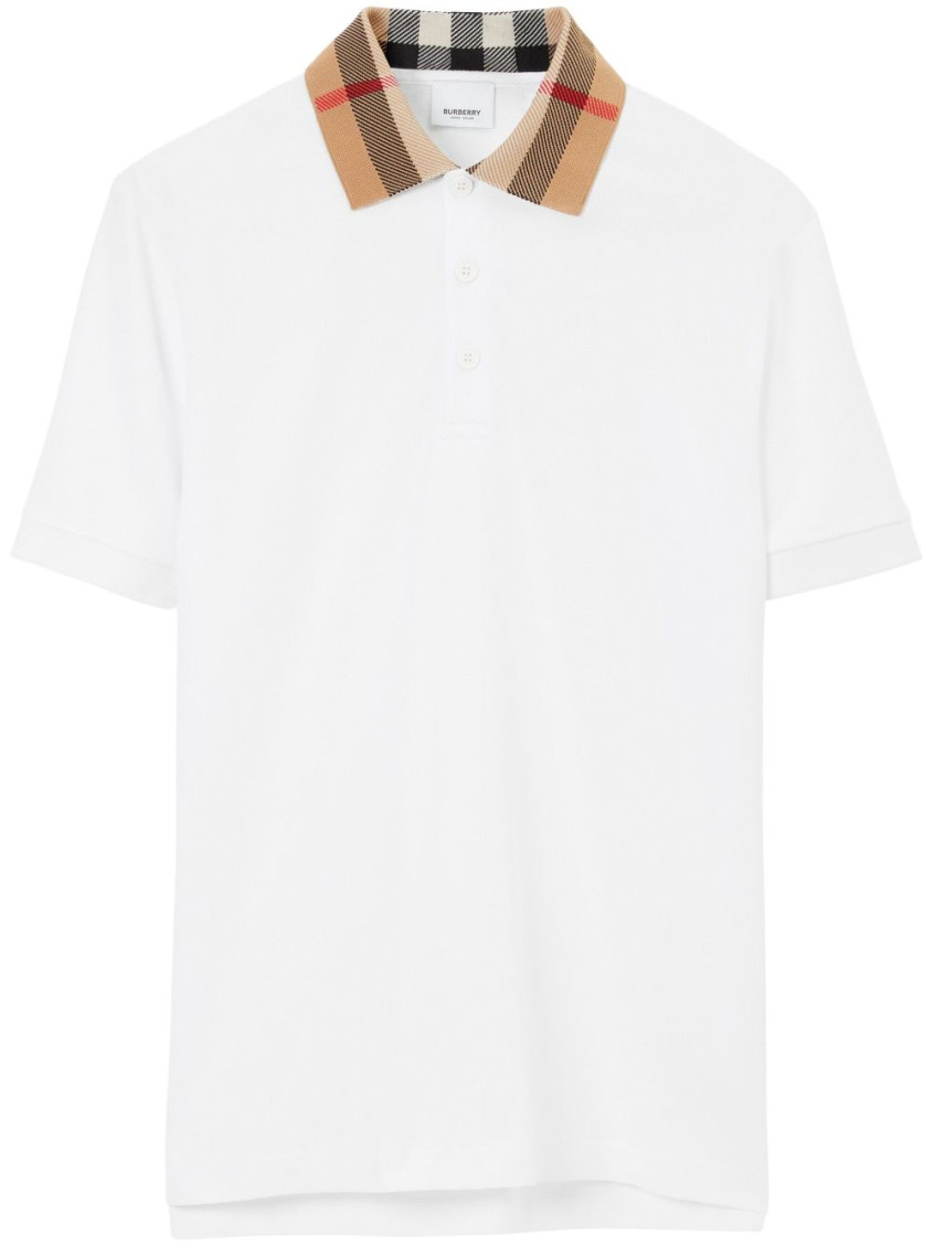 Shop Burberry White Check Motif Cotton Polo Shirt