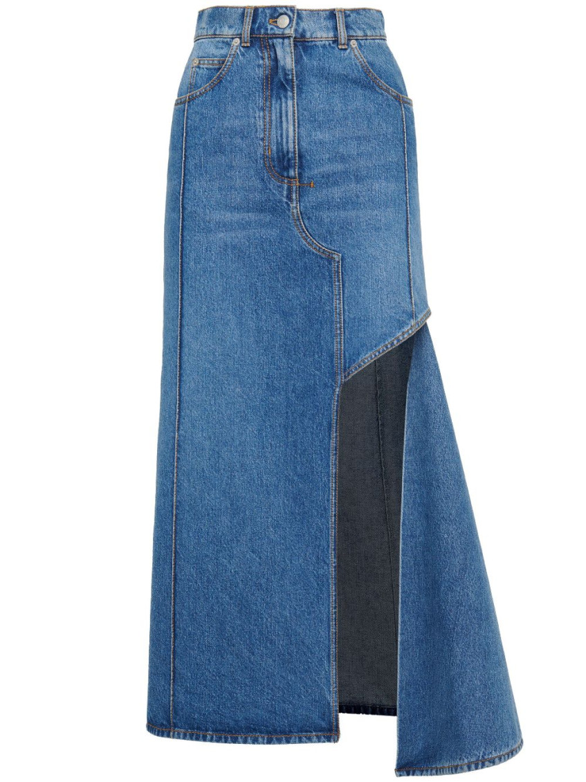 Alexander Mcqueen Denim Midi Skirt With Asymmetric High Slit In Blue