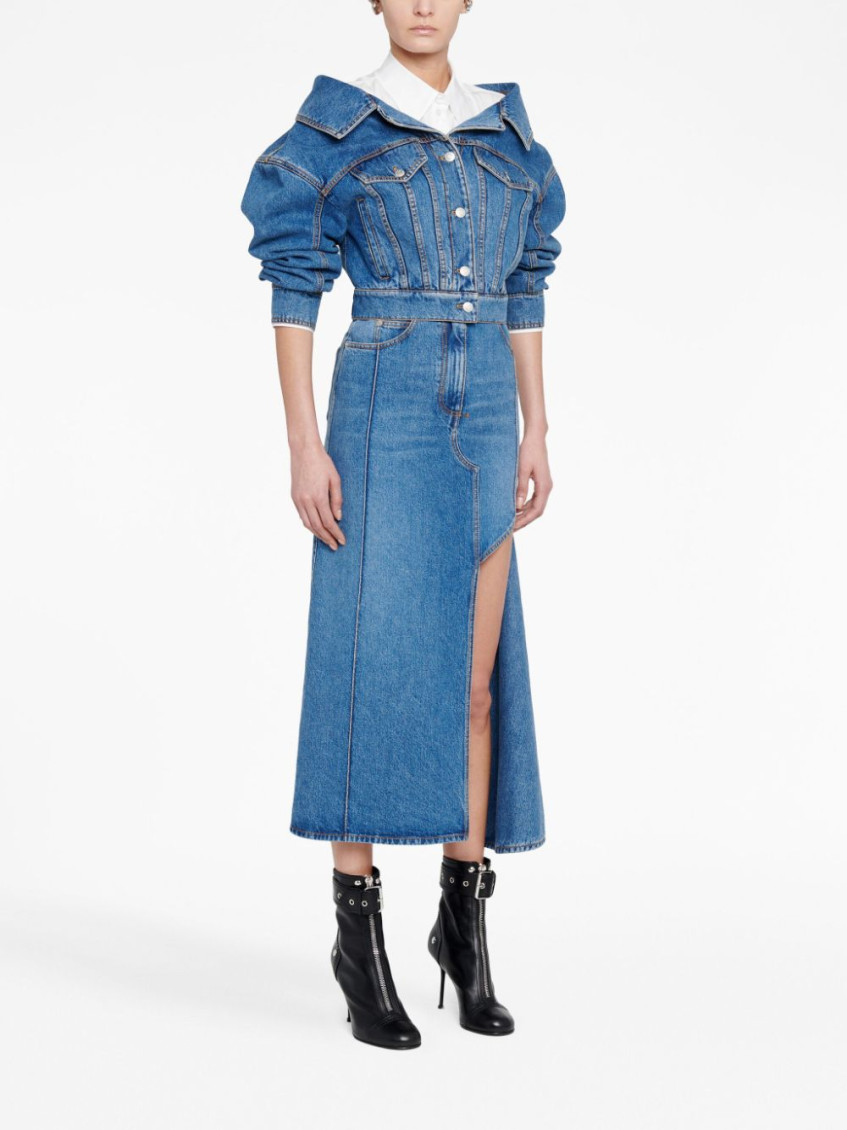 【関税&送料込】Alexander Mcqueen Delave Denim Midi Skirt McQueen Panelled Denim Midi Skirt in Blue | Lyst