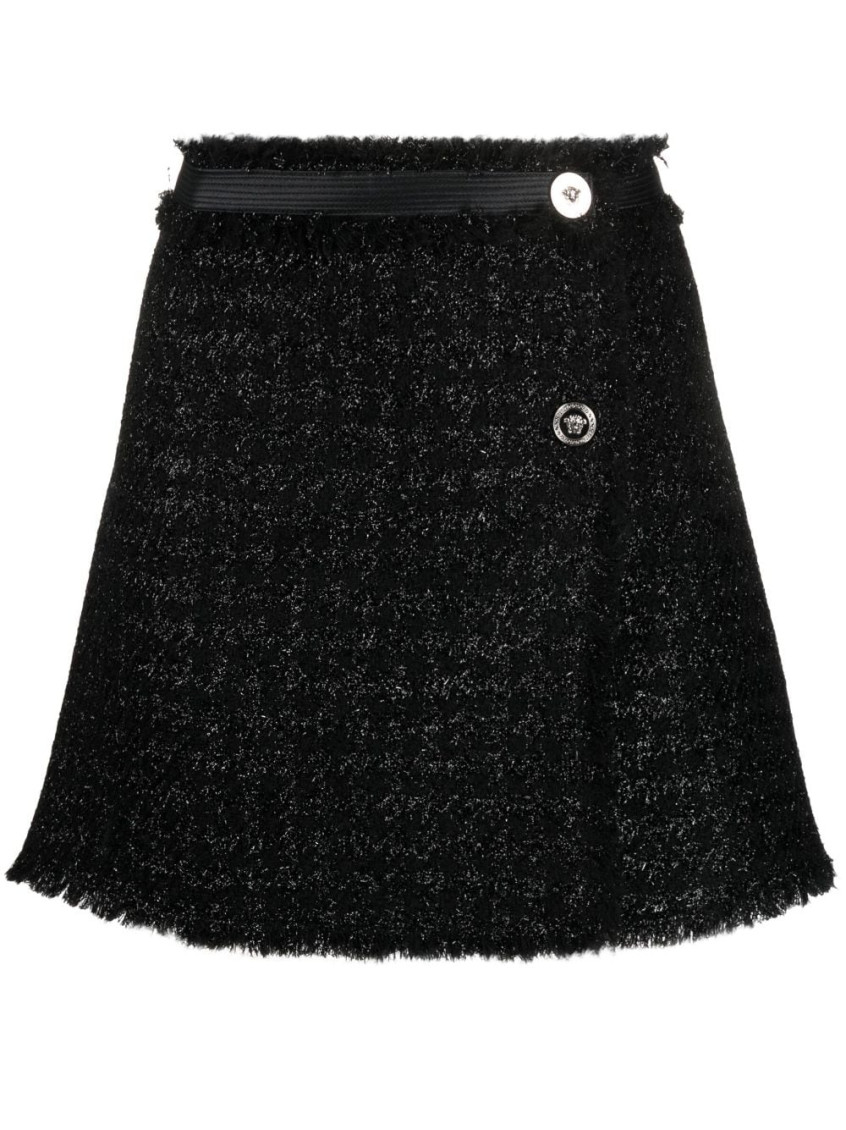 Versace Tweed Mini Skirt With High-waisted Fringe Detail In Black