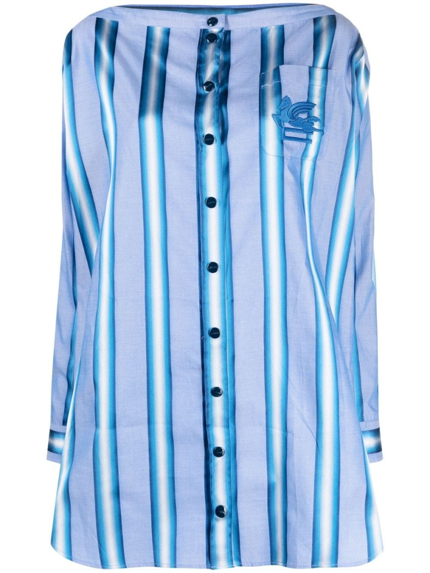 Etro Off-the-shoulder Embroidered Striped Cotton And Silk-blend Mini Shirt Dress In Blue