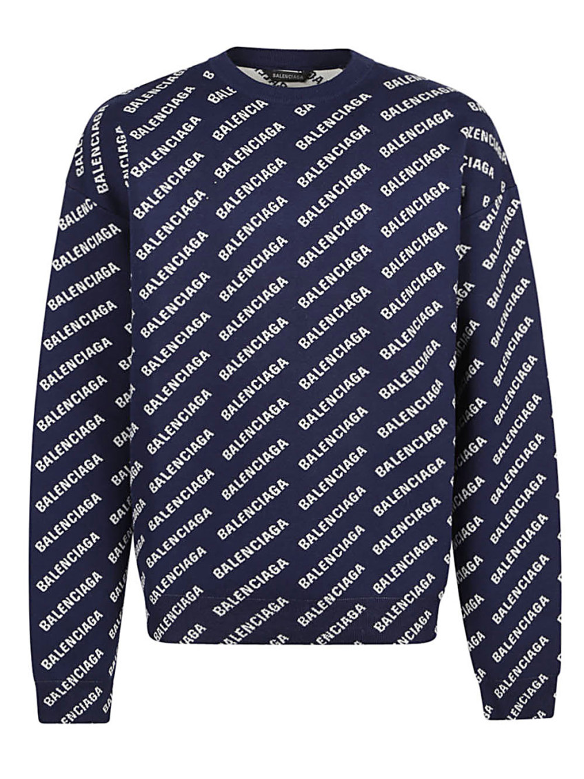 Shop Balenciaga Allover Logo Cotton Crewneck Sweater In Blue