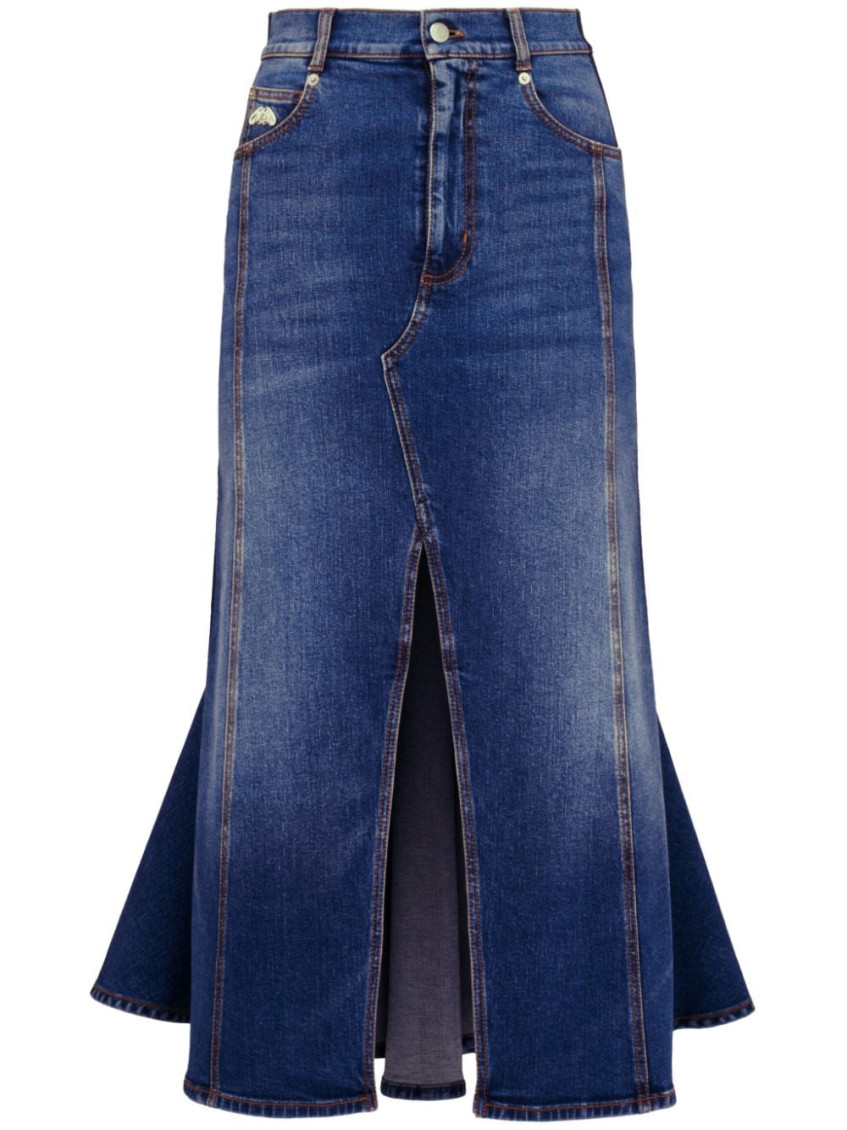 Alexander Mcqueen Washed Denim Midi Skirt In Blue
