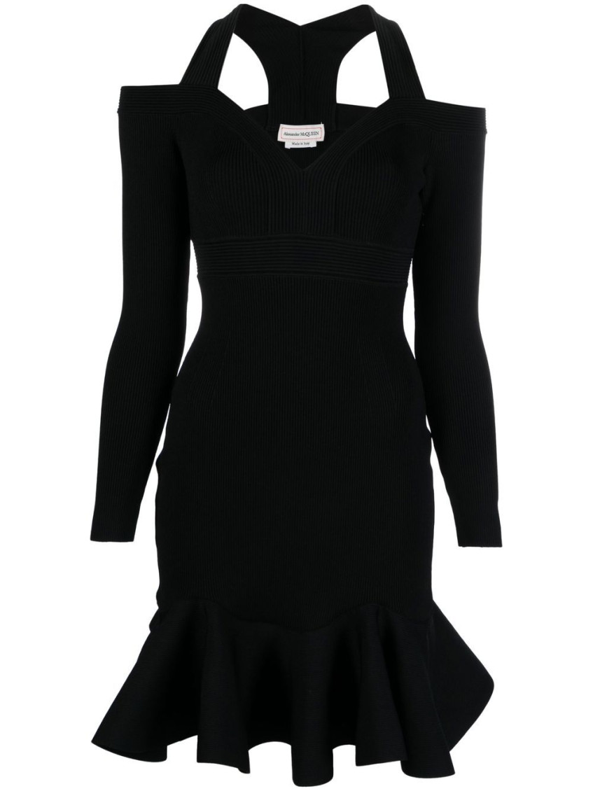 Shop Alexander Mcqueen Black Black Off-shoulder Mini Dress