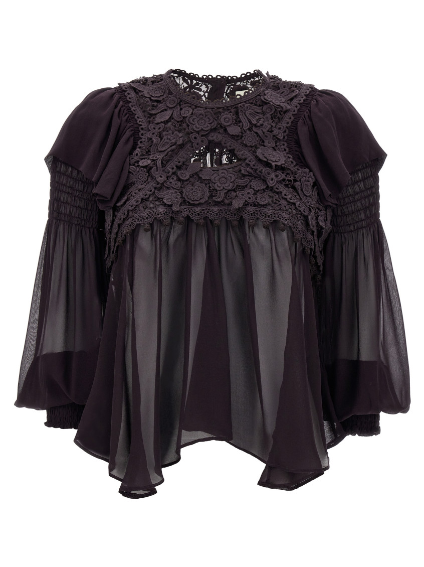 Isabel Marant 'puff Sleeves' Sheer Lace Top With Floral Embroidery In Black
