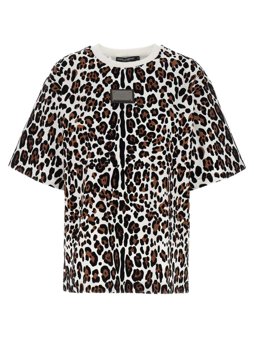 Dolce & Gabbana Crew Neck Flocked Cotton T-shirt With Animal Motif In Multicolor