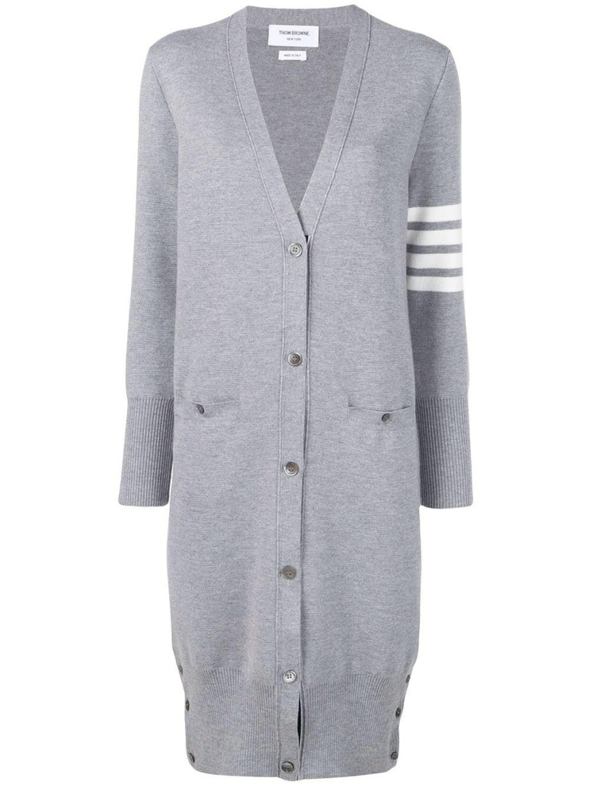 Thom Browne Virgn Wool Cardigan Dress With Sporty Stripe Detail