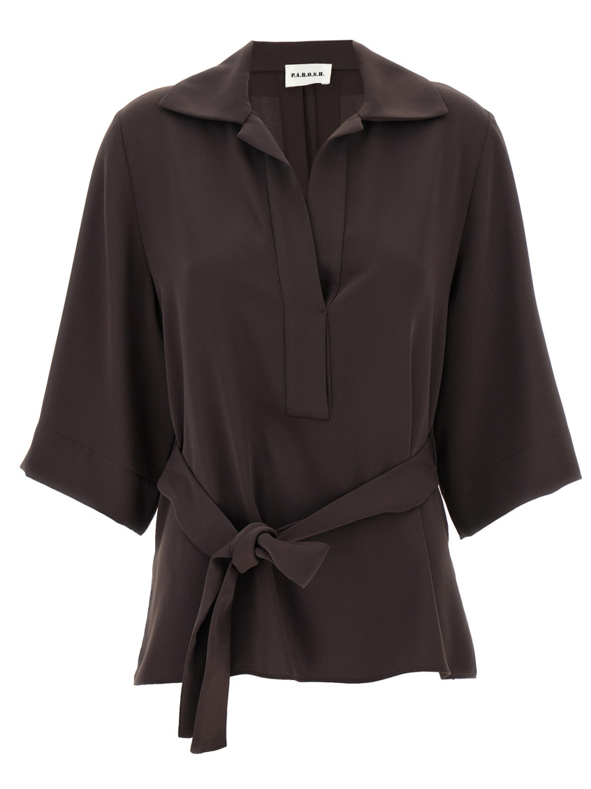 P.a.r.o.s.h Cady Belted V-neck Blouse In Brown
