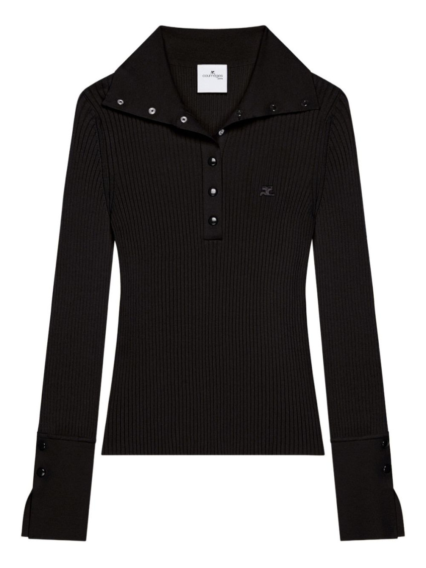 Courrèges Fitted Ribbed Long-sleeve Top With Unique Collar In Black