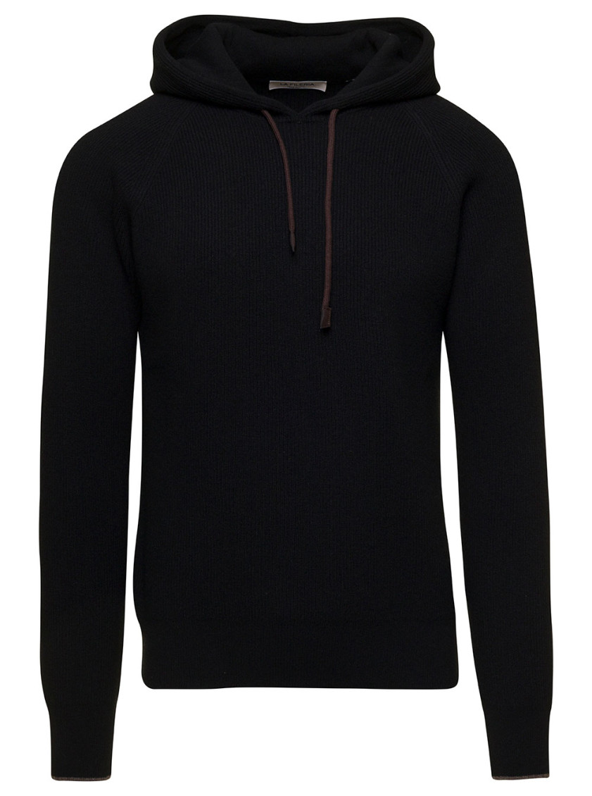 LA FILERIA BLACK RIBBED HOODED SWEATER 