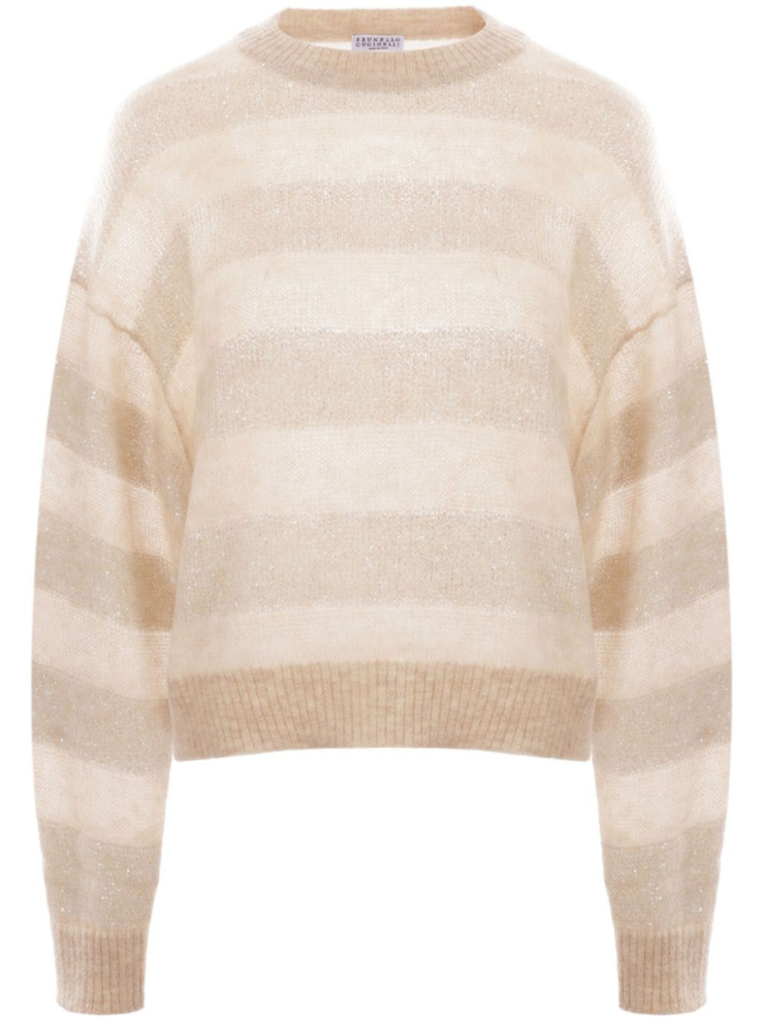 Brunello Cucinelli Striped Wool Crewneck Sweater In Beige