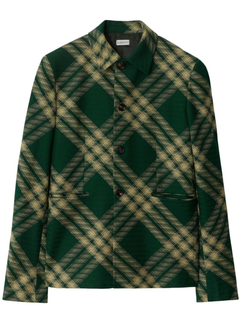 Burberry Check Wool Tailored Jacket In Olive