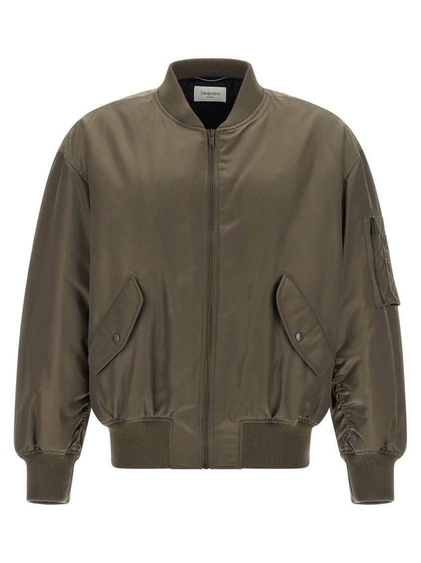 Saint Laurent Taupe Baseball Collar Bomber Jacket In Green