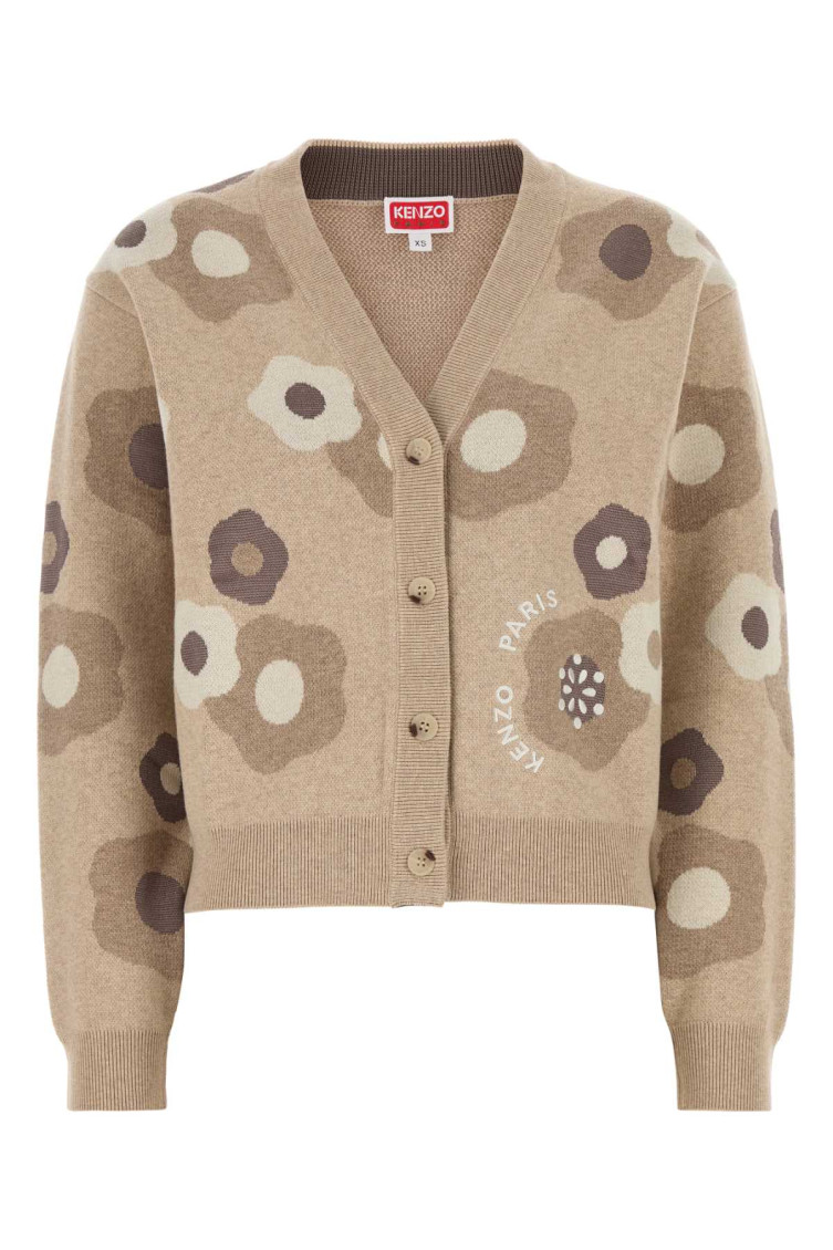 Kenzo Embroidered Wool Blend Cardigan In Brown