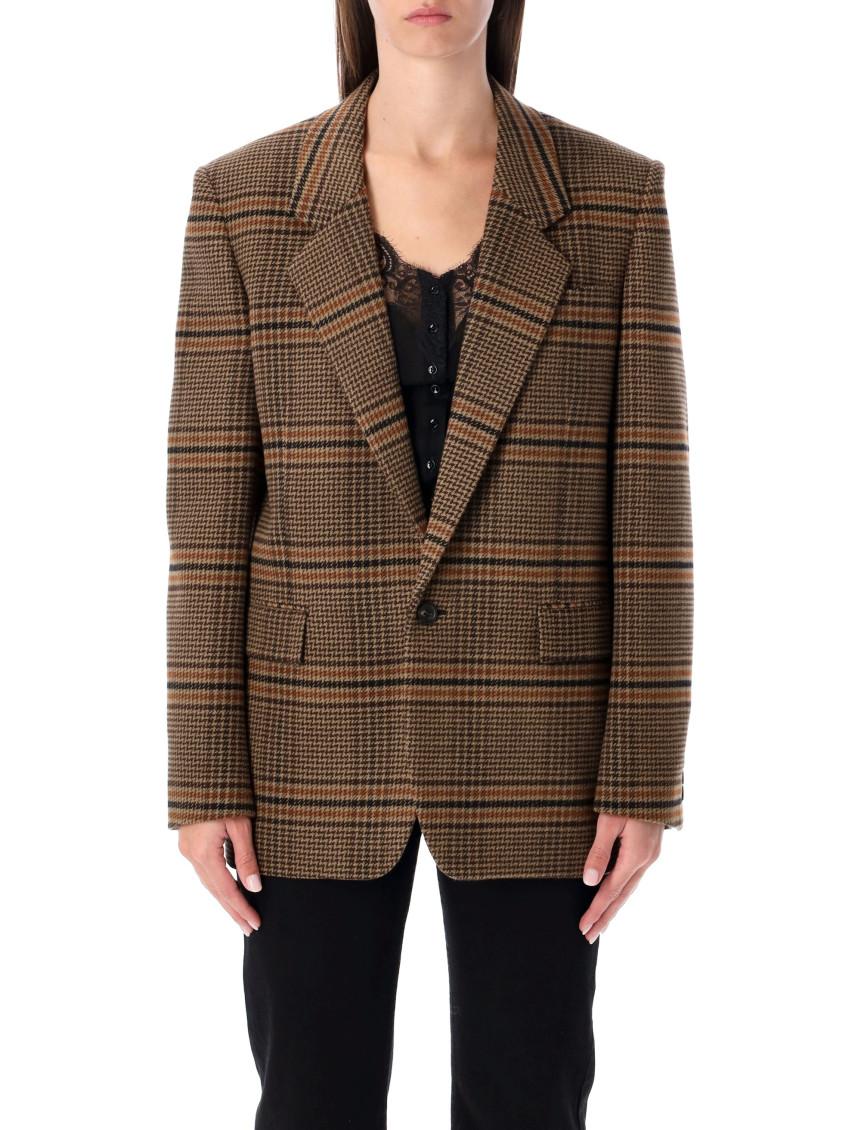 Saint Laurent Checked Pattern Jacket Flap Pockets In Brown