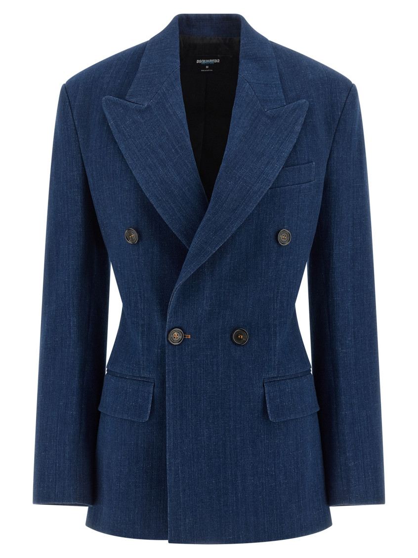 Dsquared2 Hourglass Double-breasted Denim Blazer With Monogram Canvas Lining In Blue