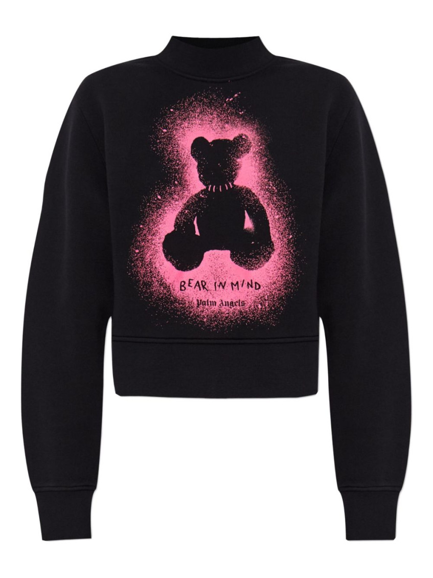 Palm Angels Cropped Black And Fuchsia Graphic Sweatshirt In Black