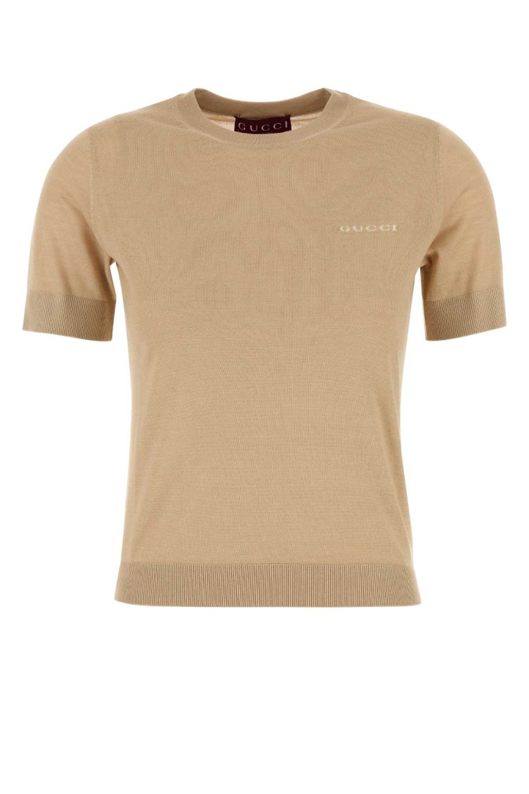 Gucci Short Sleeve Cashmere Blend Crew Neck Sweater In Brown