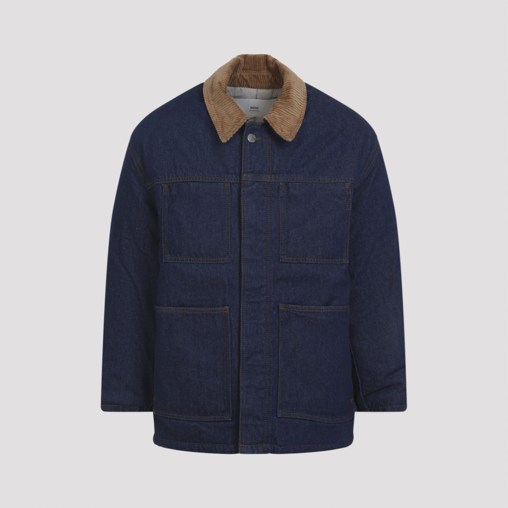 Ami Alexandre Mattiussi Dark Denim Jacket With Brown Corduroy Collar In Blue