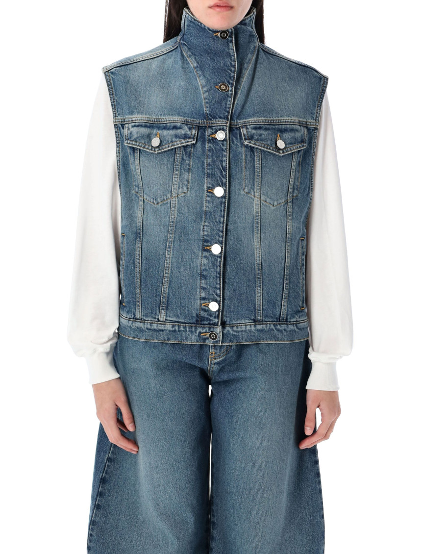 Alaïa Womens Alaia High-neck Faded-wash Regular-fit Denim-blend Vest In Blue