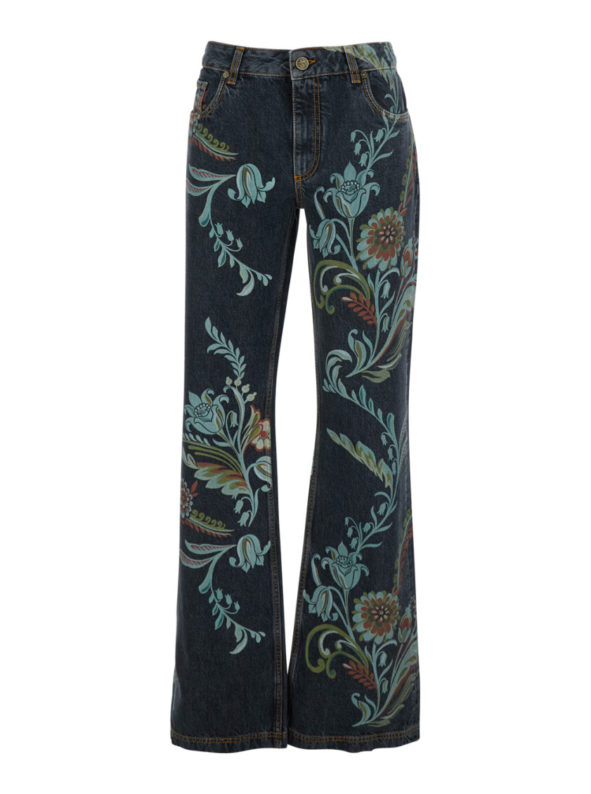 Etro Blue Jeans With All-over Painted Flowers In Denim Woman In Blue