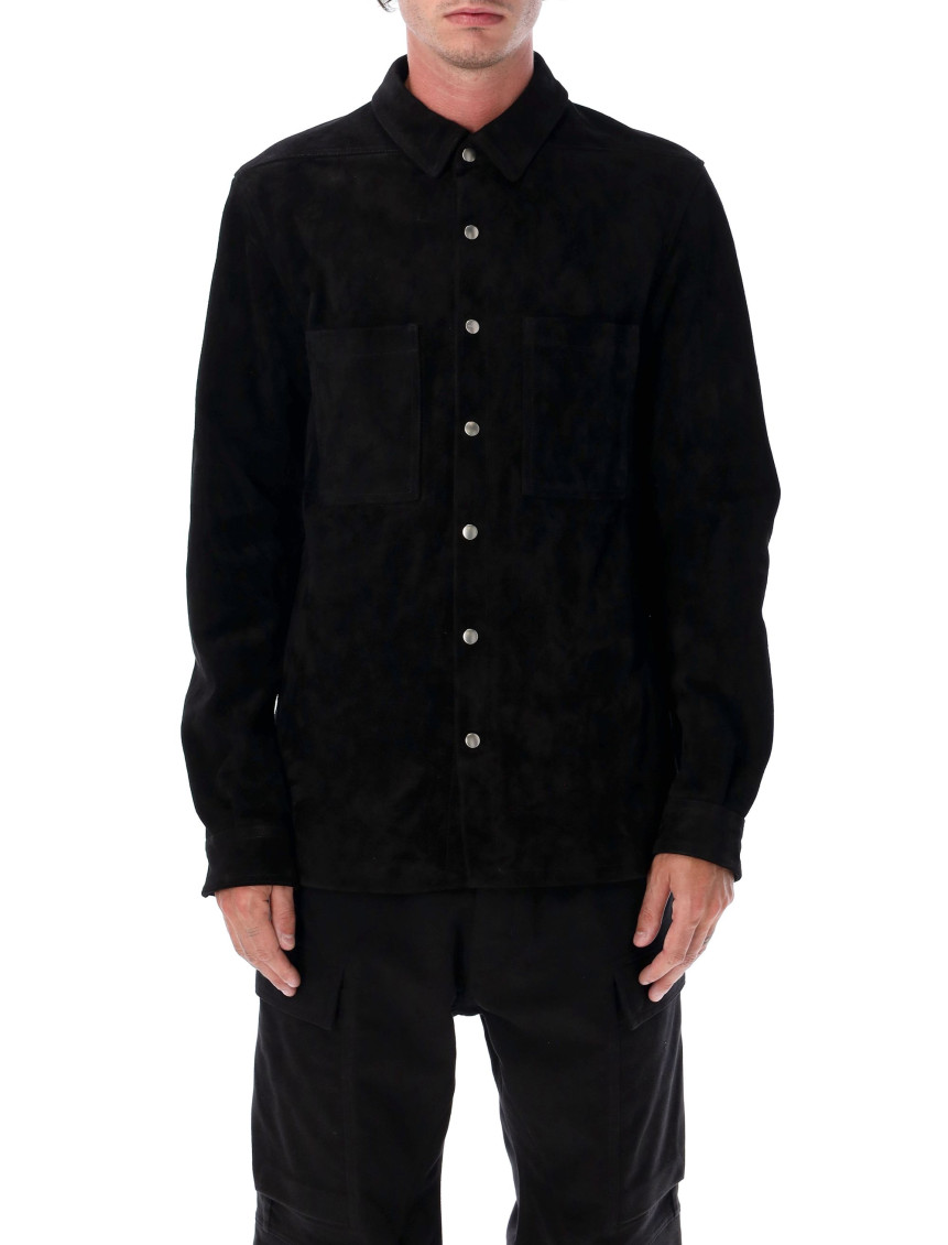 Rick Owens Black Point Collar Suede Overshirt In Black