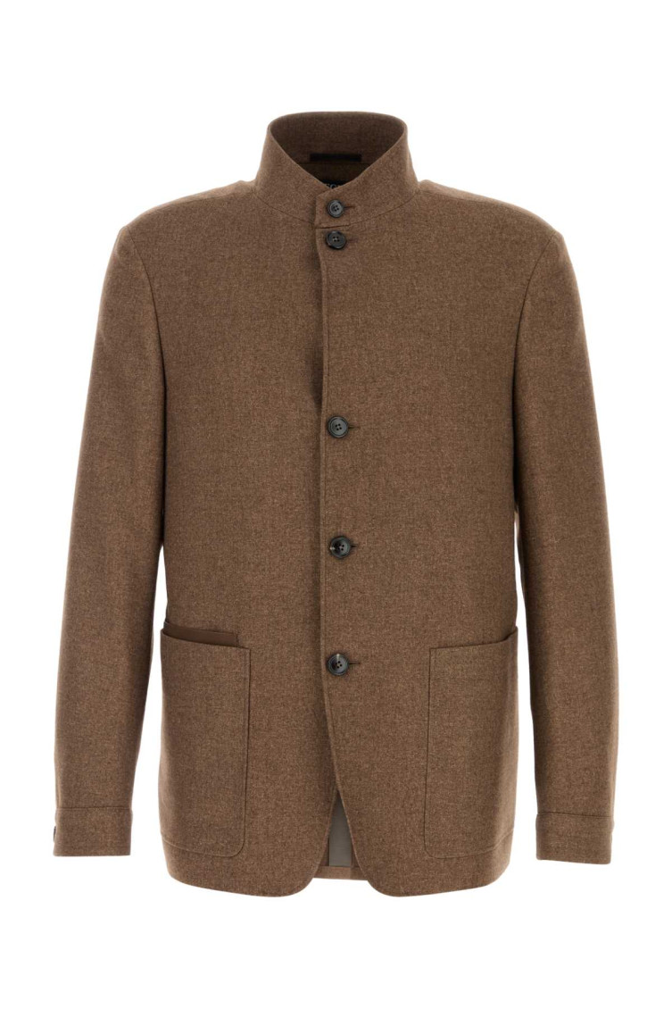 Zegna Wool Blend Blazer Stand Collar In Brown