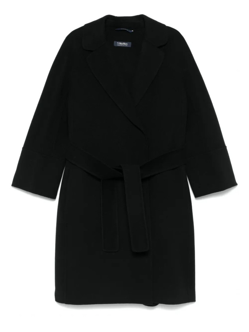 Max Mara Belted Black Coat With Wide Sleeves And Timeless Silhouette In Black