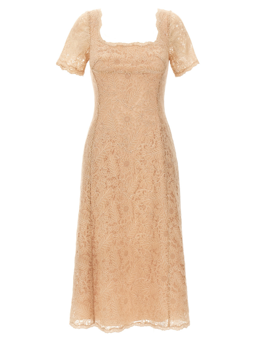 Ermanno Scervino Floral Lace Midi Dress With Square Neckline In Light Pink
